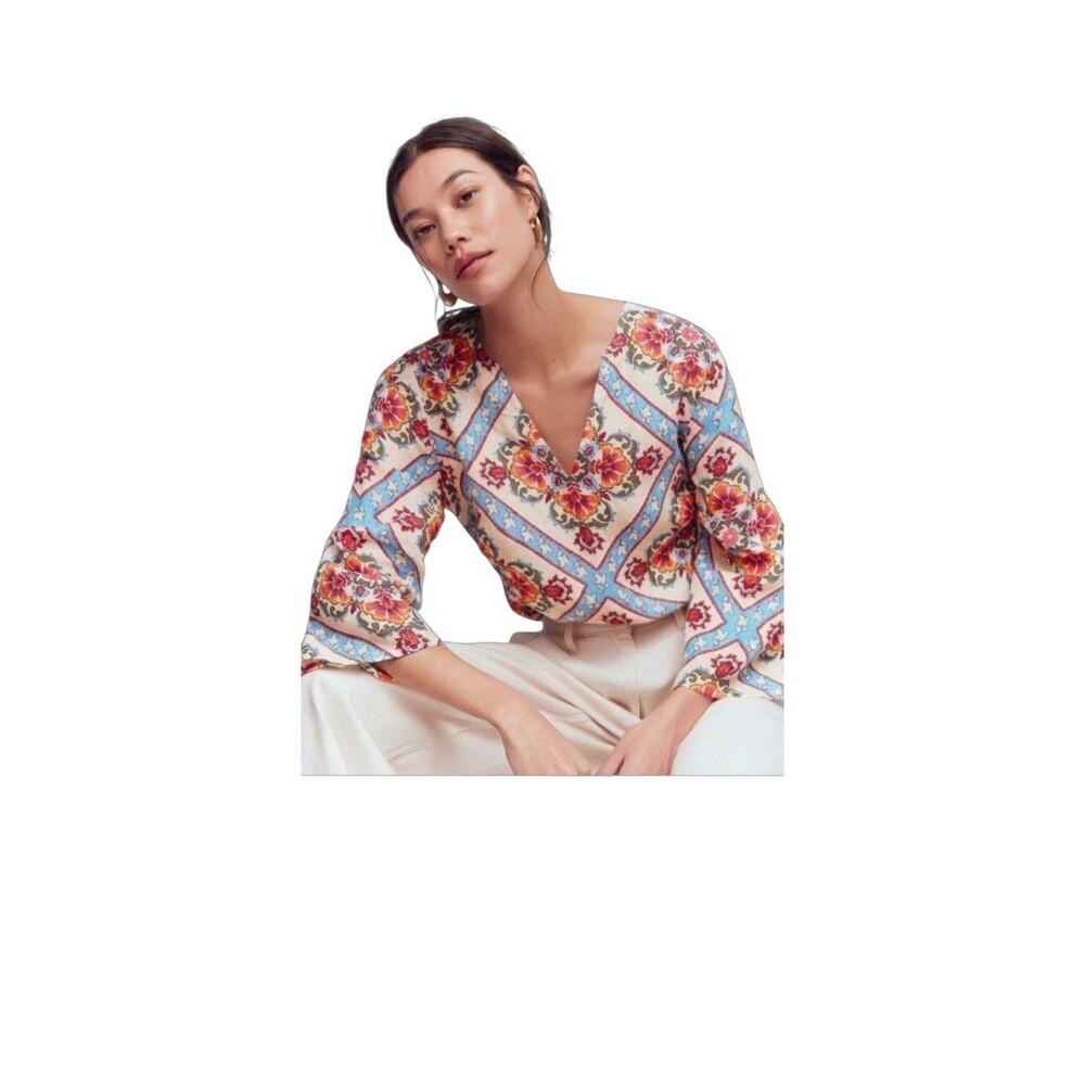 Boden Cleo Floral 100% Linen Blouse Womens 14 Multicolor Tunic Coastal Boho